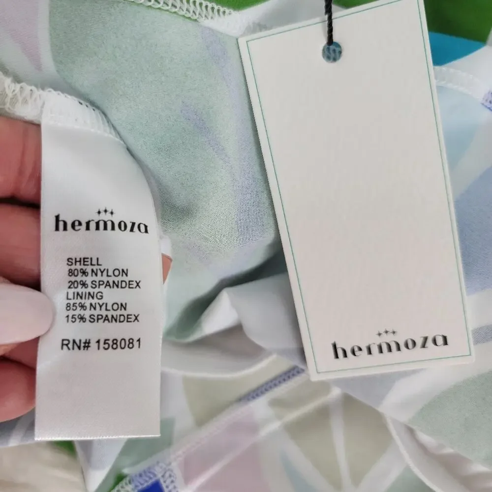 HERMOZA Green Blue Abstract Leafy Print Off Shoulder Swim Top Crisscross Beachy